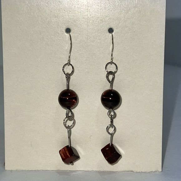 Red Tiger Eye Earrings, Sterling Silver Hand Carved Earrings, NWOT - Picture 2 of 7